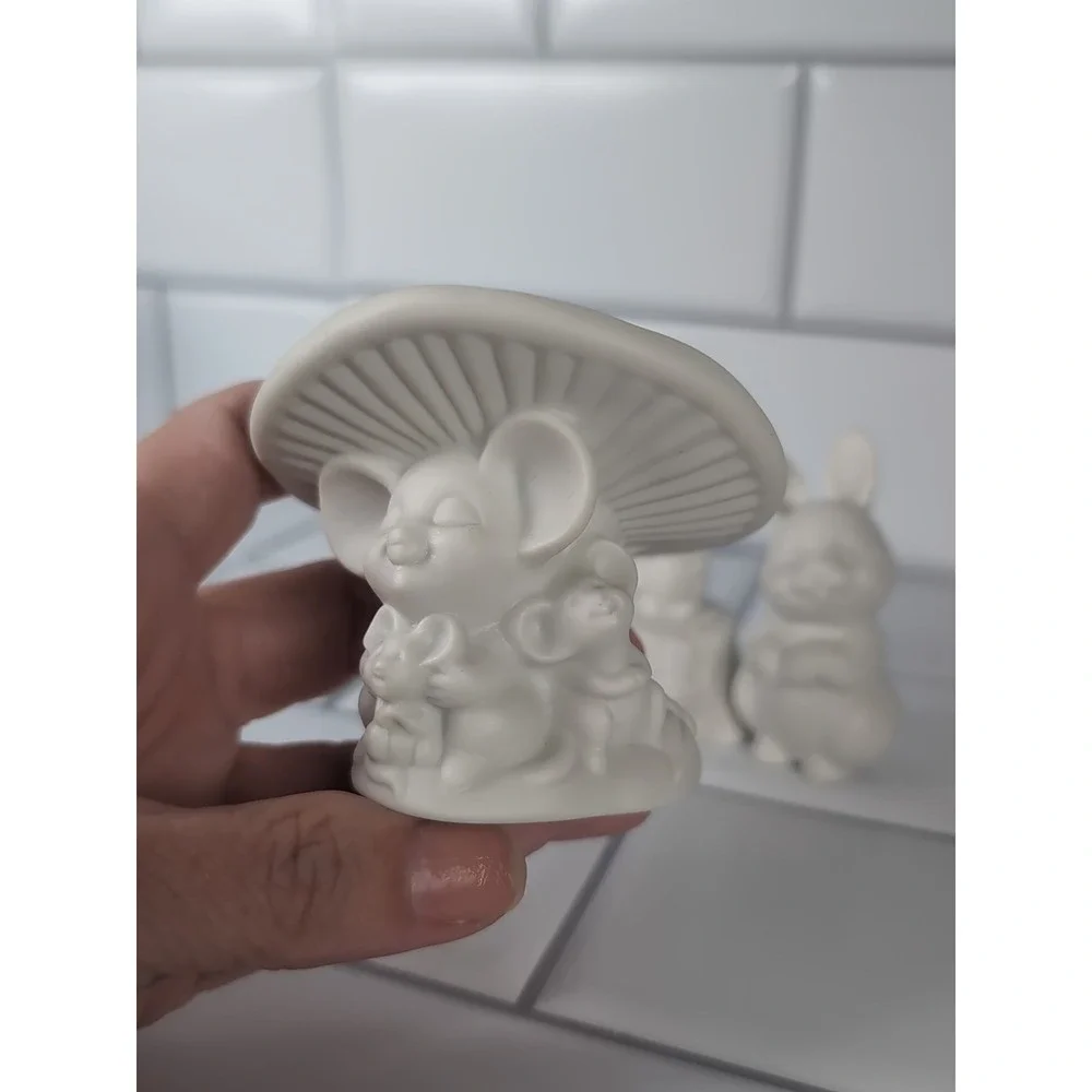 Hallmark Lot Of 3 Vintage Figurines Bunny, Mouse, & Mice Under A Mushroom Bisque
